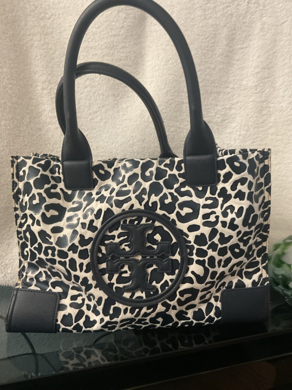 Tory Burch Black and White Leopard Logo Tote